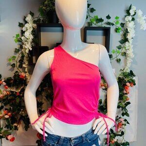 One‎ Shoulder Ruched Sides Pink Cropped Tank size M RefFNB